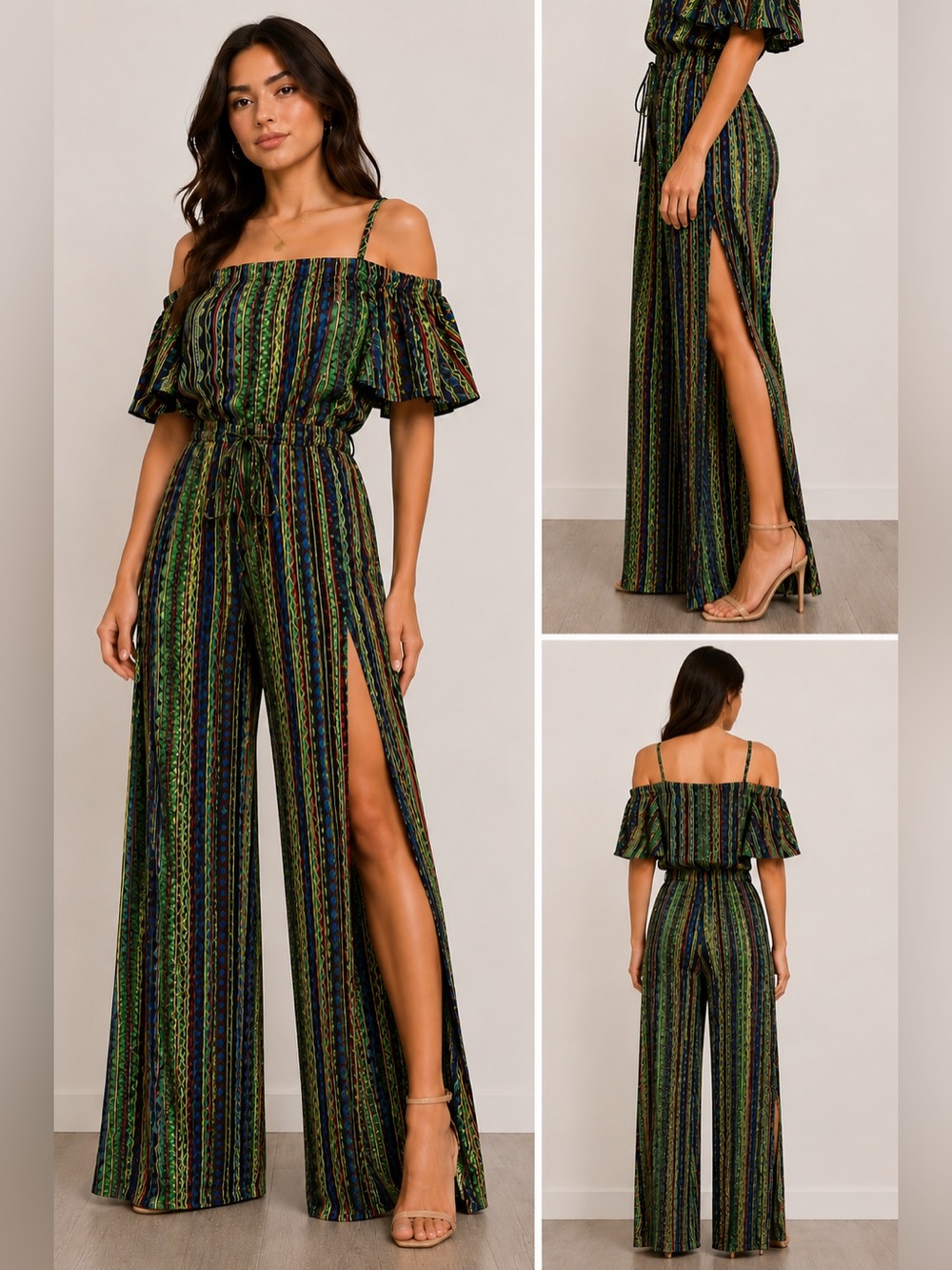 Jean Louis Scherrer tulip slit wide leg off shoulder jumpsuit tribal print M nwt